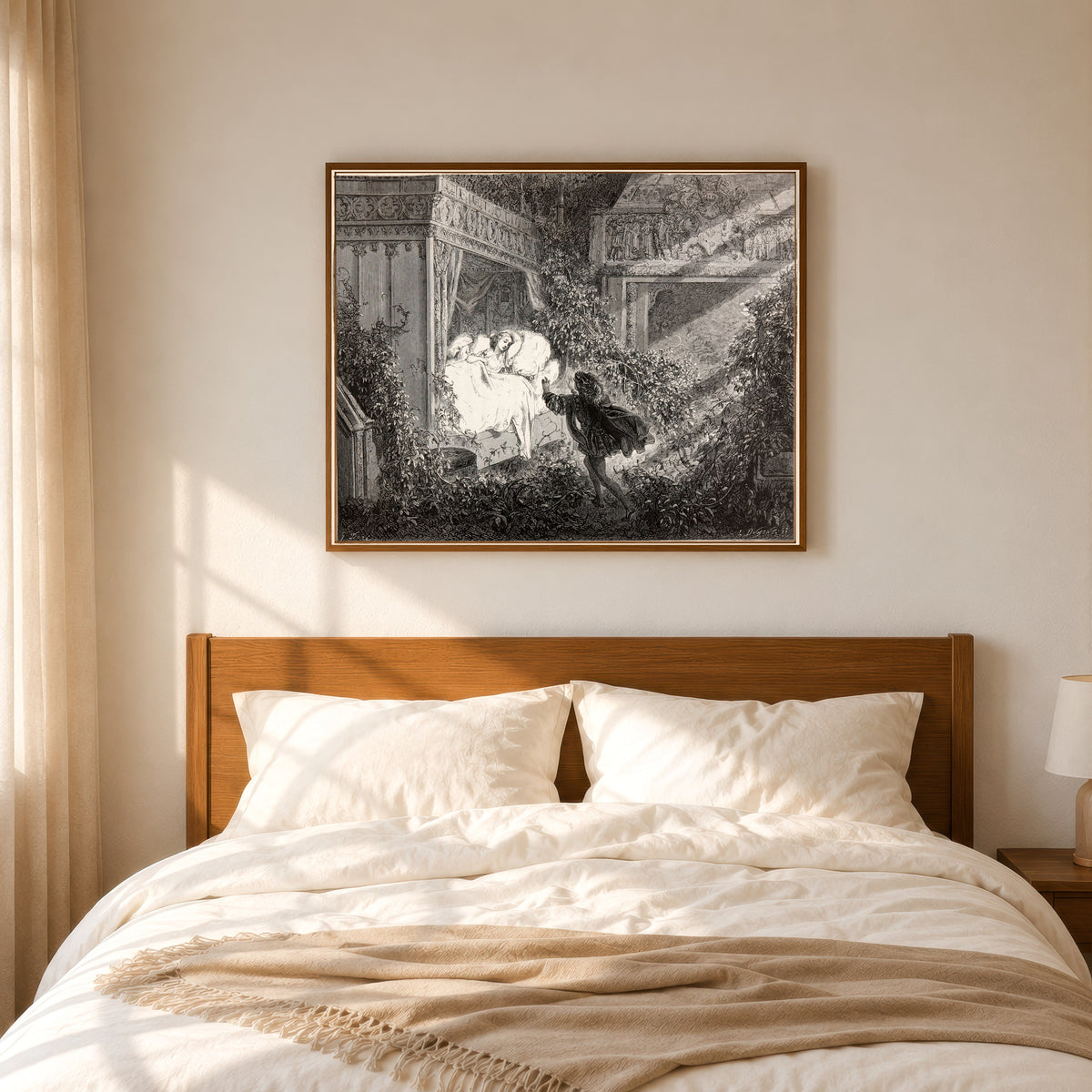 Framed art print of Sleeping Beauty: The Prince Finds the Princess by Gustave Doré, in a slim wood frame above a bed in a sunlit bedroom