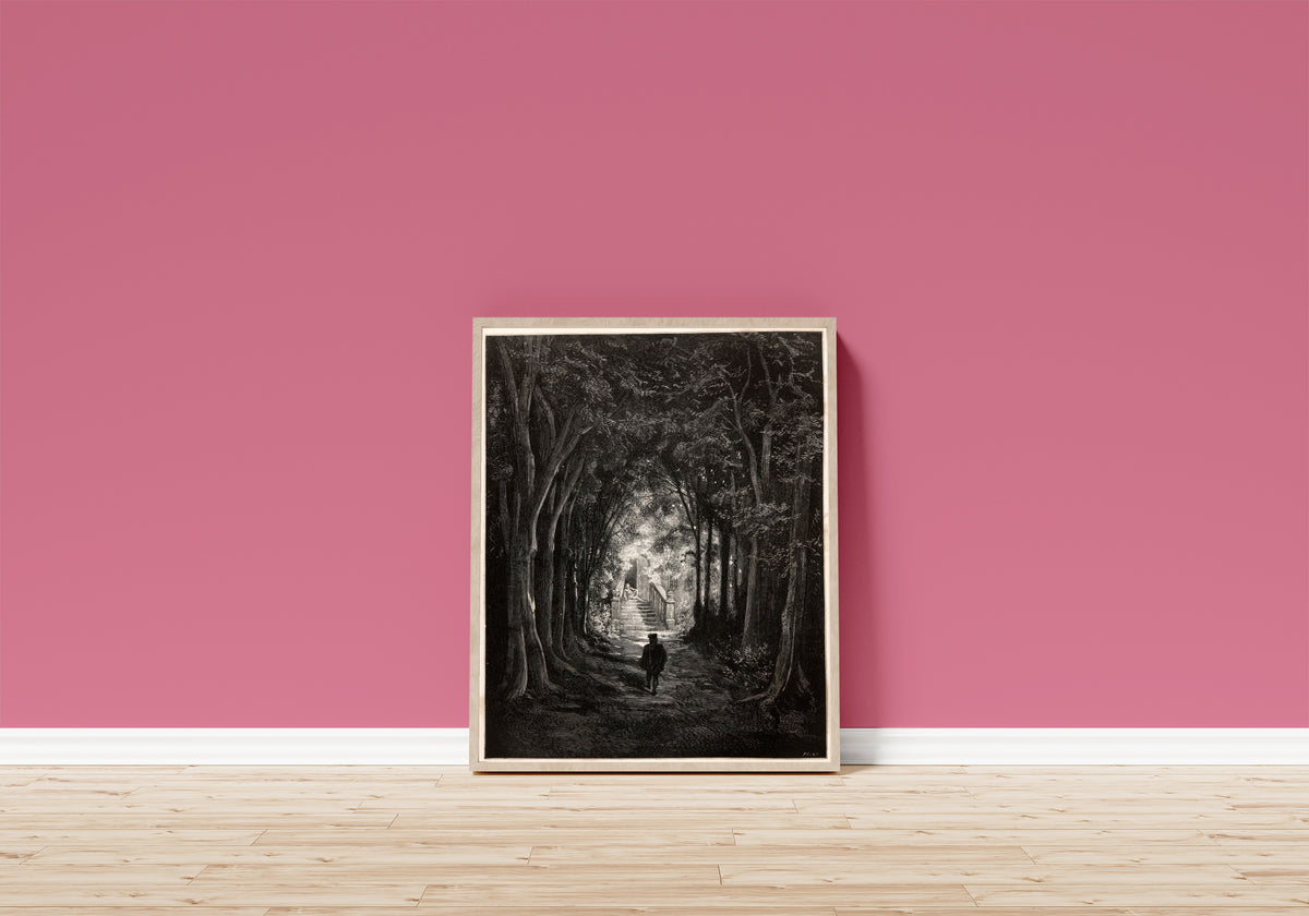Framed art print of Sleeping Beauty: The Prince in the Forest Avenue by Gustave Doré, in a light wood frame leaning on a pink wall above a wooden floor