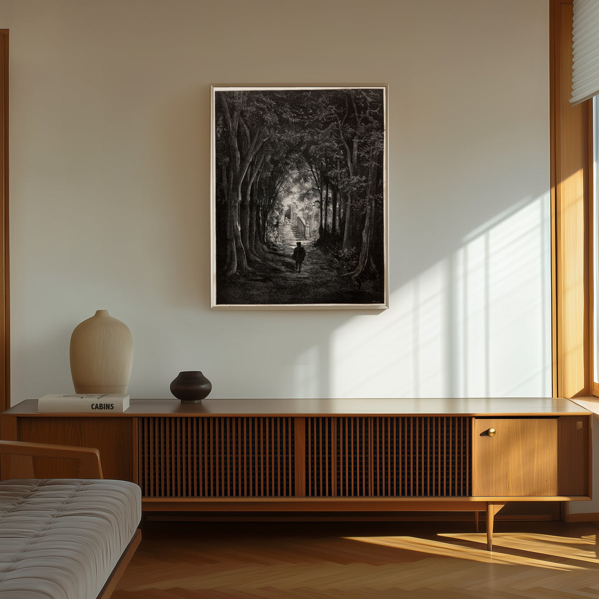 Framed art print of Sleeping Beauty: The Prince in the Forest Avenue by Gustave Doré, in a thin light frame on a sunlit wall above a wooden sideboard
