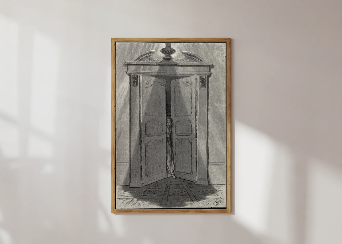 Framed art print of Some late visiter entreating entrance at my chamber door by Gustave Doré, in a light wood frame on a sunlit white wall