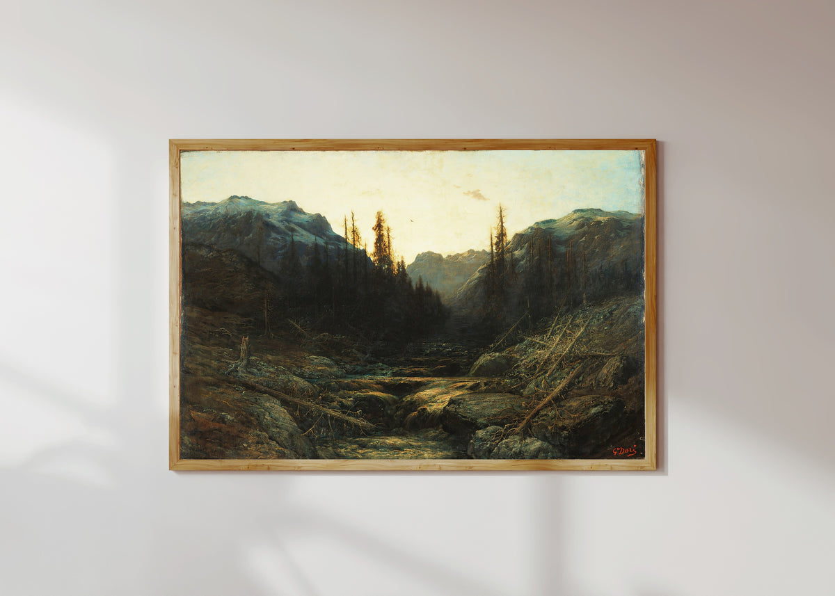Framed art print of Stream in Mountains at Dusk by Gustave Doré, in a light wood frame on a sunlit white wall