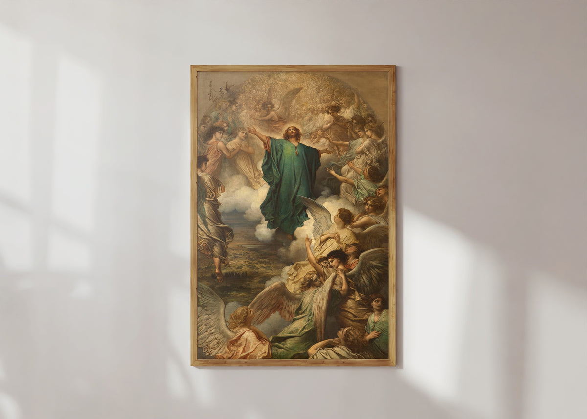 Framed art print of The Ascension by Gustave Doré, in a light wood frame on a sunlit white wall