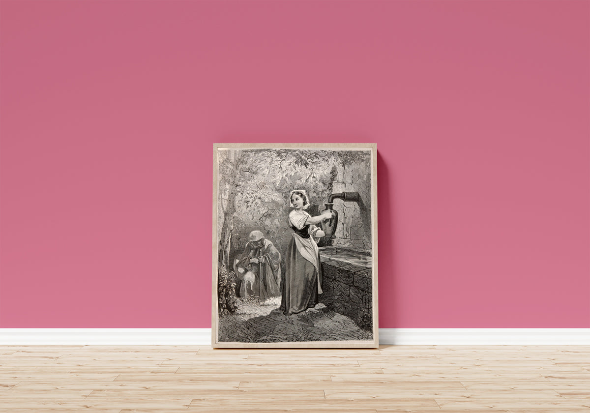 Framed art print of The Fairies: The Girl at the Fountain by Gustave Doré, in a light wood frame leaning on a pink wall above a wooden floor