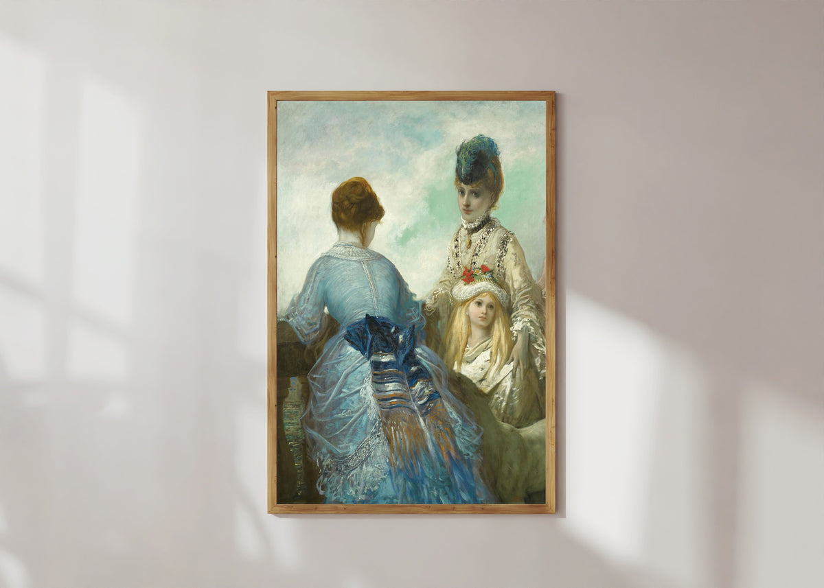 Framed art print of The Promenade (La promenade) by Gustave Doré, in a light wood frame on a sunlit white wall