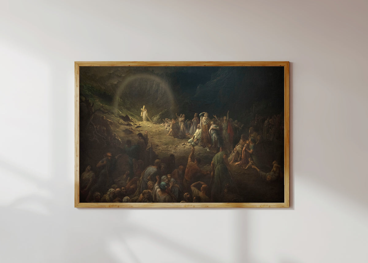 Framed art print of The Vale of Tears (La Vallée des larmes) by Gustave Doré, in a light wood frame on a sunlit white wall