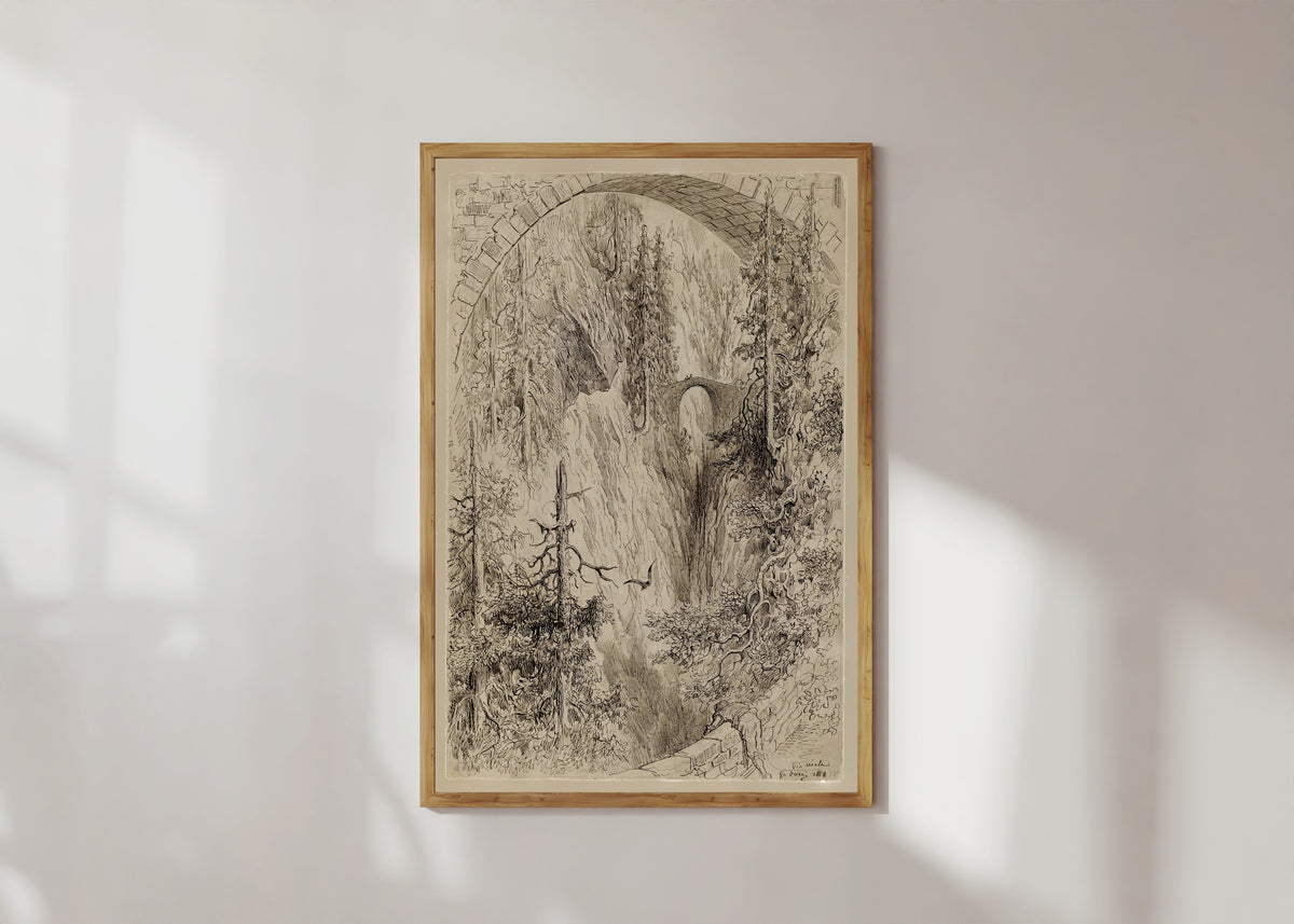Framed art print of Via Mala by Gustave Doré, in a light wood frame on a sunlit white wall