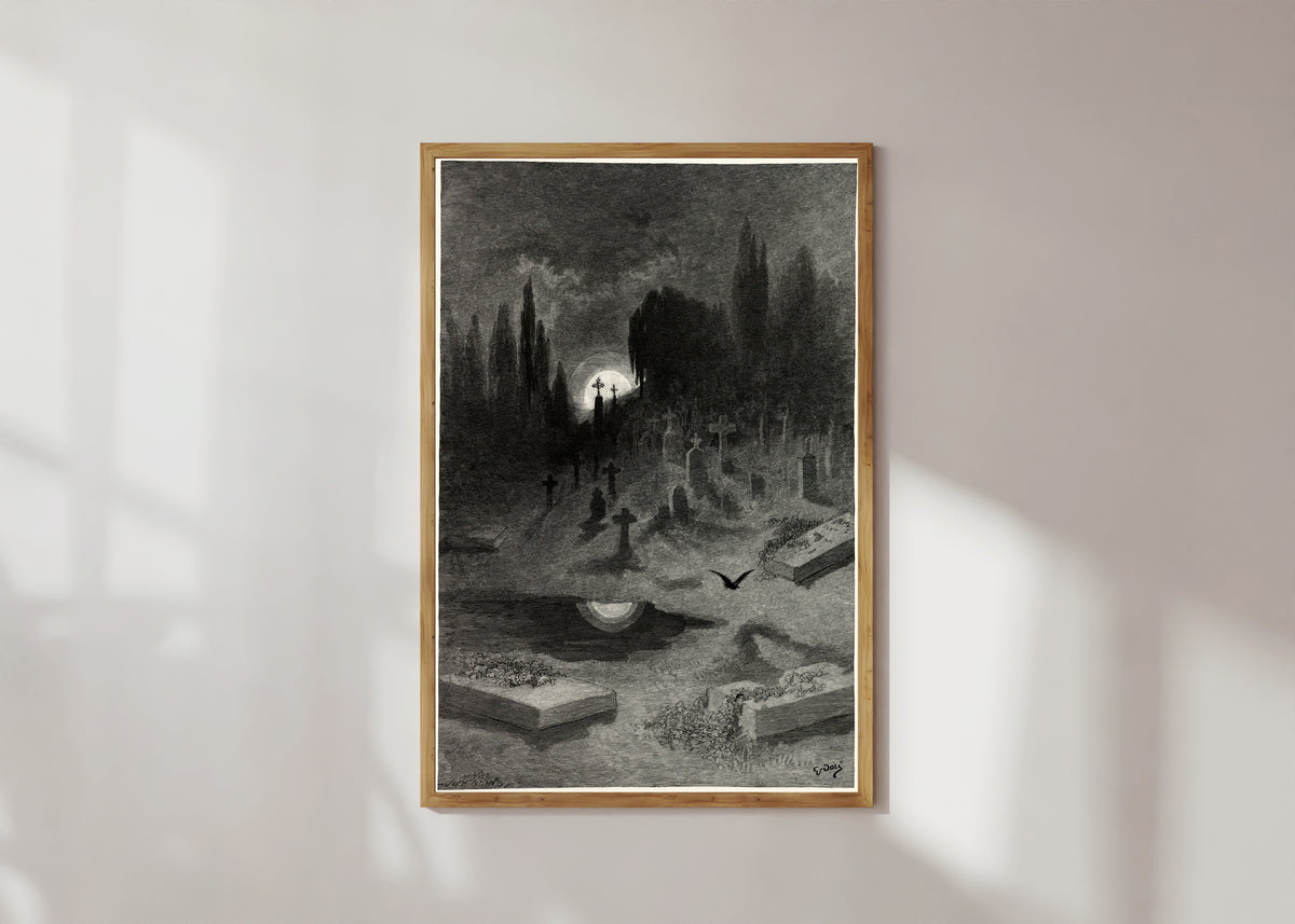 Framed art print of Wandering from the Nightly shore by Gustave Doré, in a light wood frame on a sunlit white wall