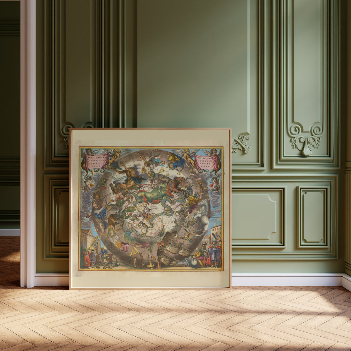 Andreas Cellarius — A Scenographic View of the Southern Heaven and Earth (Plate 28, Tan Colouring) | Celestial Map Print