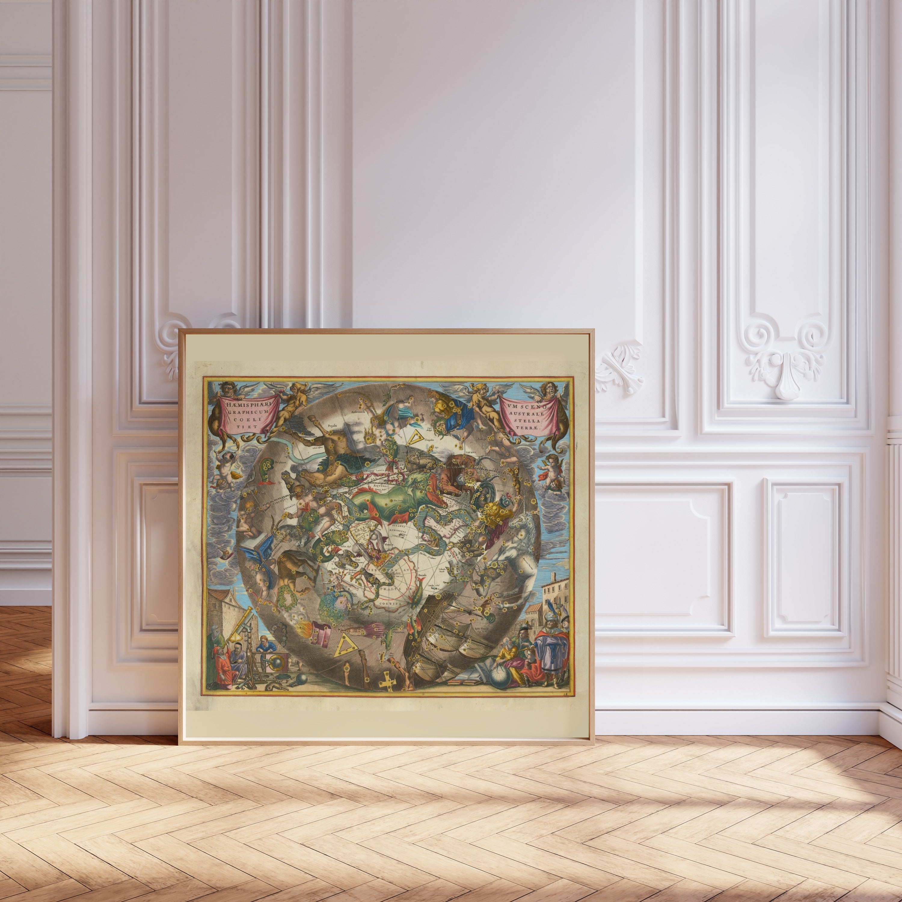 Andreas Cellarius — A Scenographic View of the Southern Heaven and Earth (Plate 28, Tan Colouring) | Celestial Map Print
