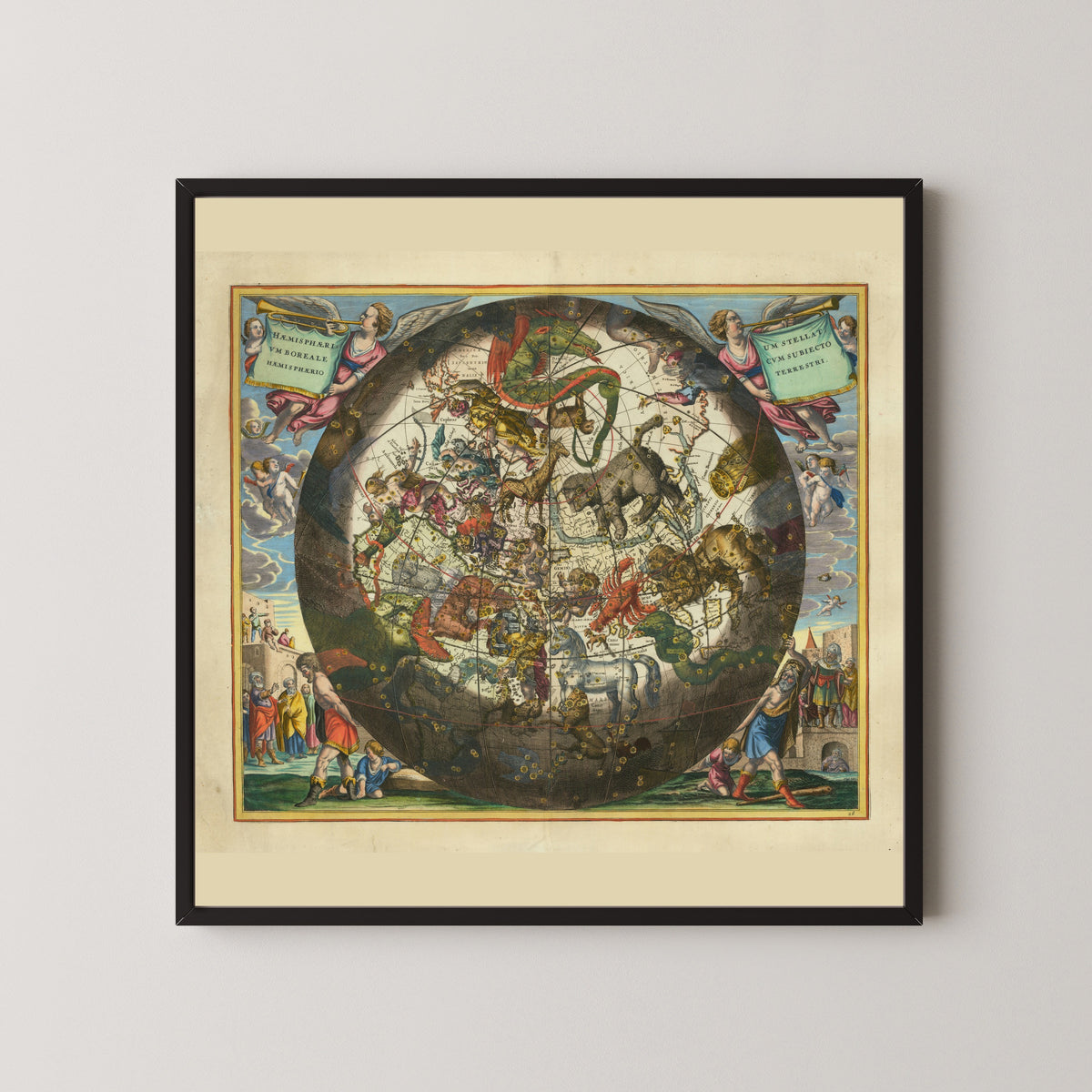 Andreas Cellarius — The Northern Starry Hemisphere over the Earth (Plate 26, Olive Colouring) | Celestial Map Print
