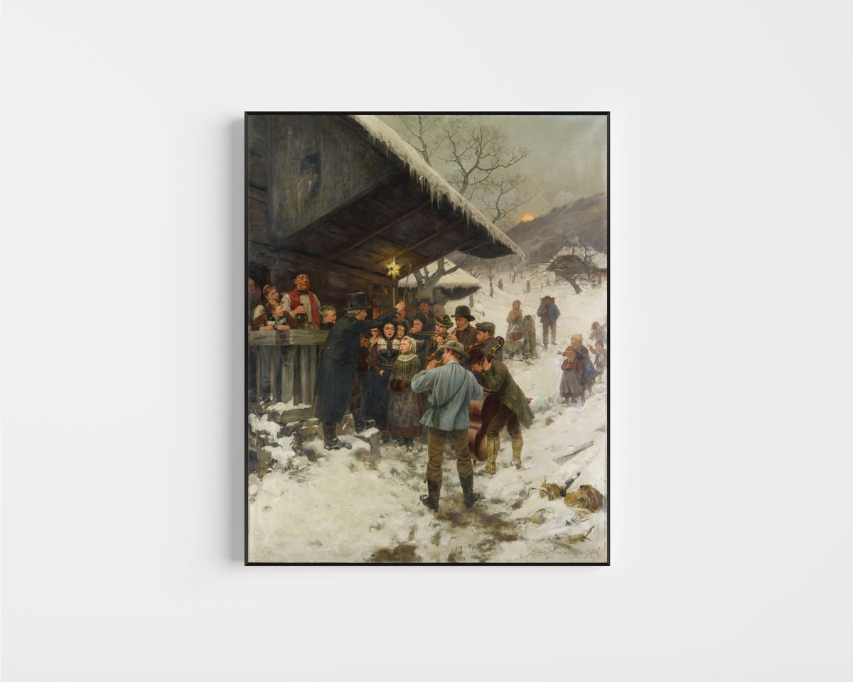 Framed art print of Weihnachtssingen im Kanton Luzern (A Christmas Carol in Lucerne) by Hans Bachmann, in a slim black frame on a plain white wall