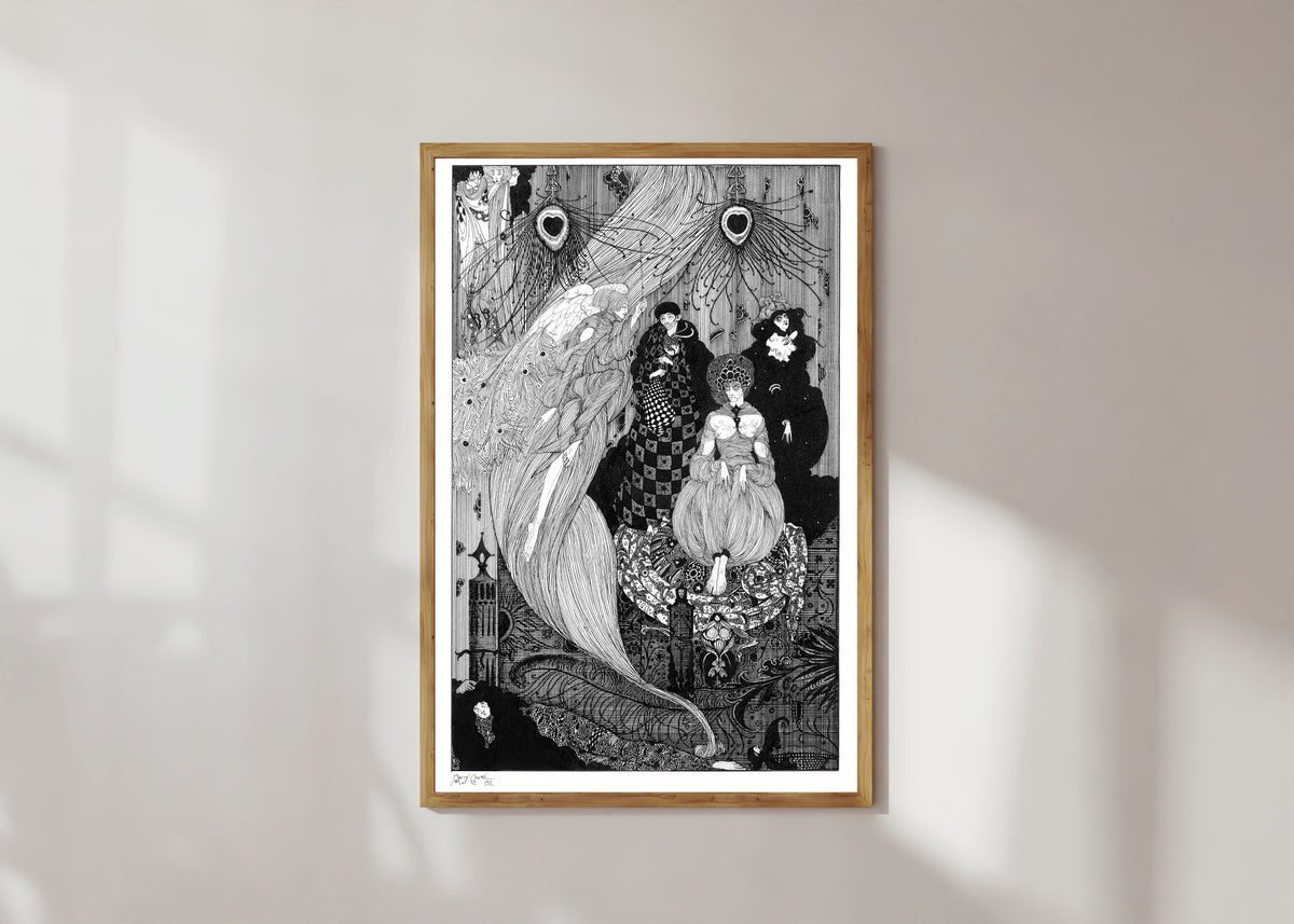 Framed art print of Down to the Central Earth, His Proper Scene by Harry Clarke, in a light wood frame on a sunlit white wall