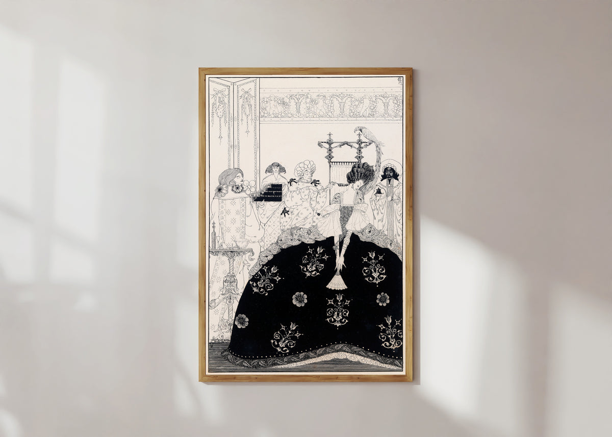 Framed art print of Now Awful Beauty Puts on All Its Arms by Harry Clarke, in a light wood frame on a sunlit white wall