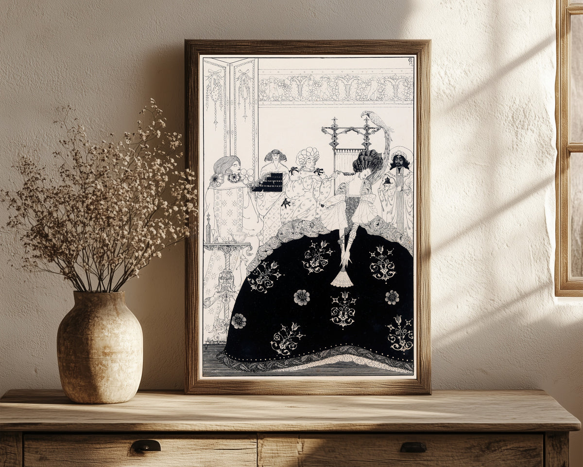 Framed art print of Now Awful Beauty Puts on All Its Arms by Harry Clarke, in a dark wood frame leaning on a rustic console beside dried flowers
