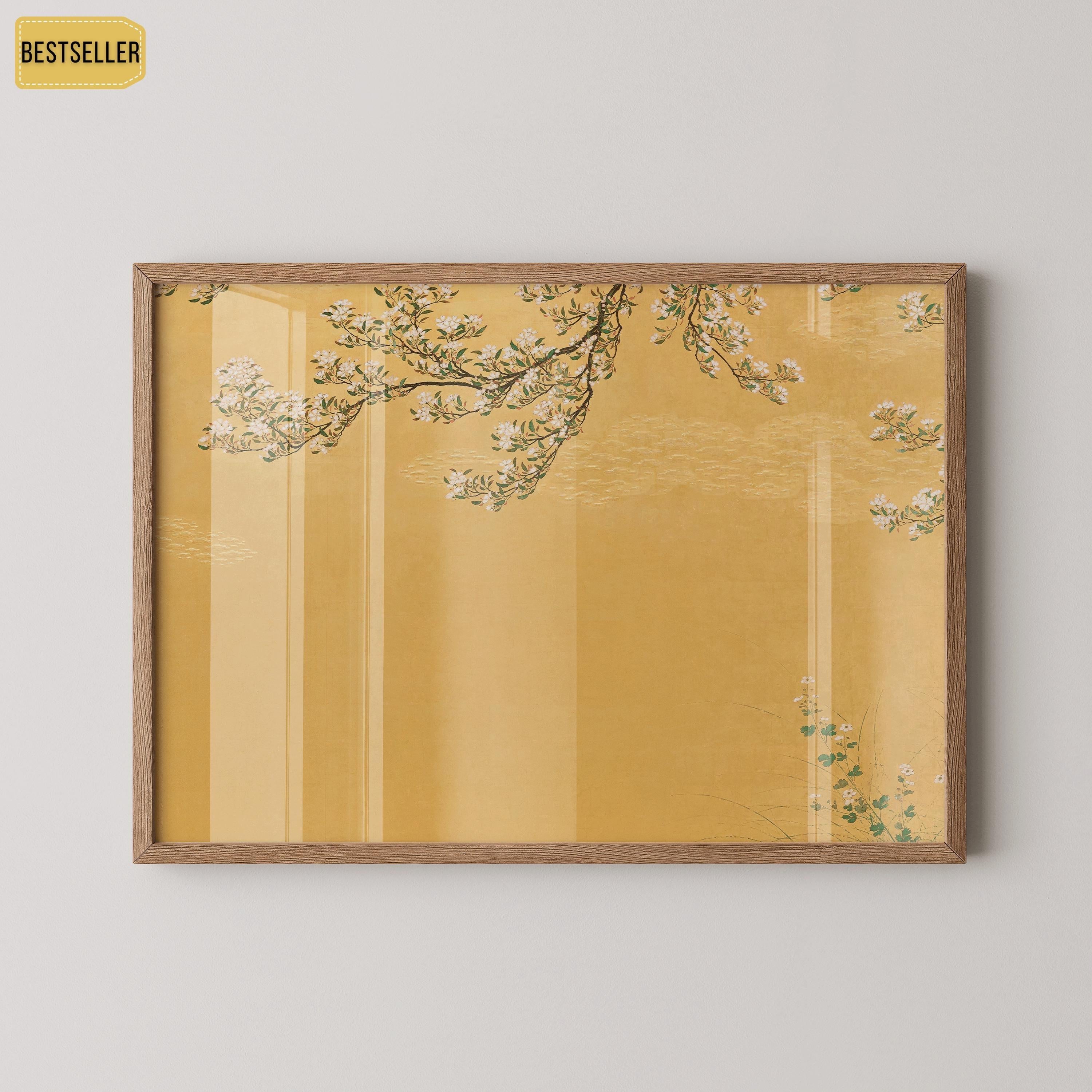 Hasegawa School - Cherry Blossoms Against Yellow Background | PRINT | Vintage Japanese Woodblock Art (available framed) - 9ArtPrints