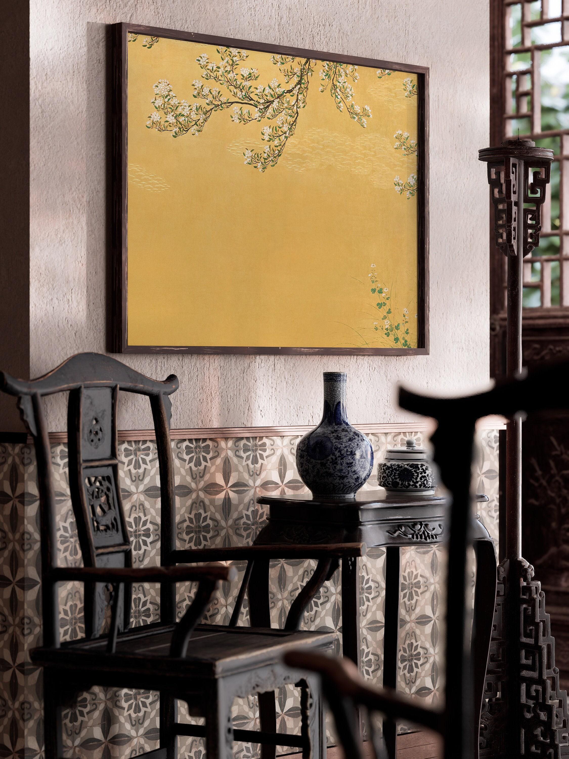 Hasegawa School - Cherry Blossoms Against Yellow Background | PRINT | Vintage Japanese Woodblock Art (available framed) - 9ArtPrints