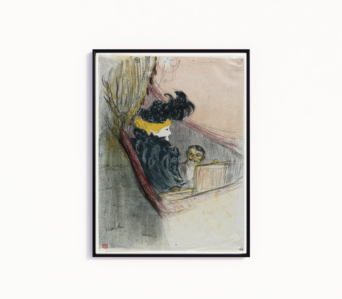 Framed art print of A Princely Idyl, Clara Ward by Henri de Toulouse-Lautrec, in a slim black frame on a plain white wall