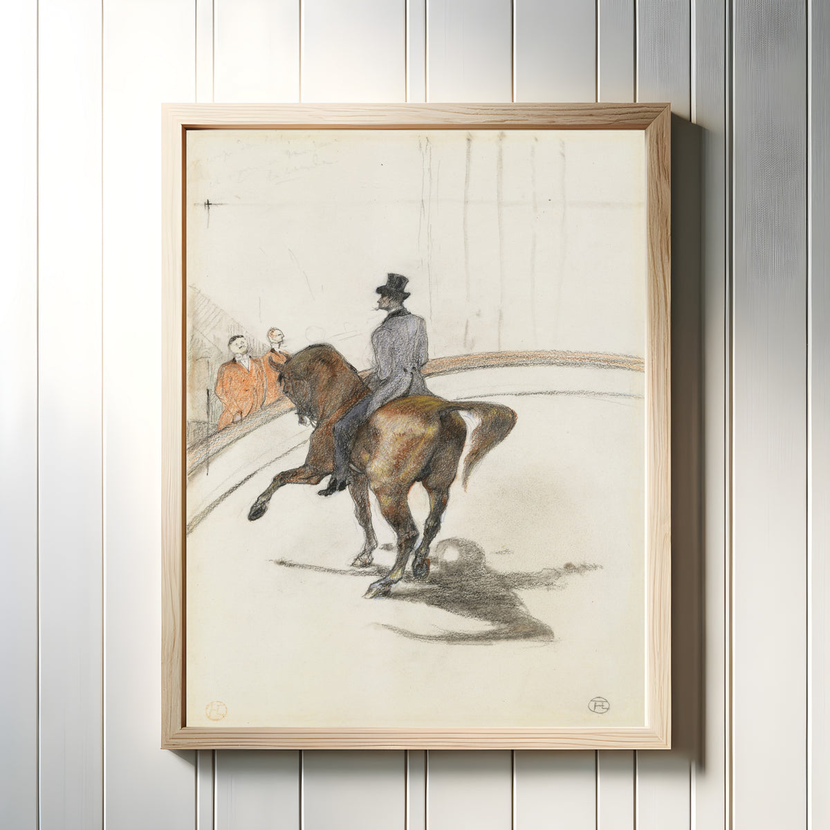 Framed art print of At the Circus: The Spanish Walk by Henri de Toulouse-Lautrec, in a light wood frame on a white panelled wall