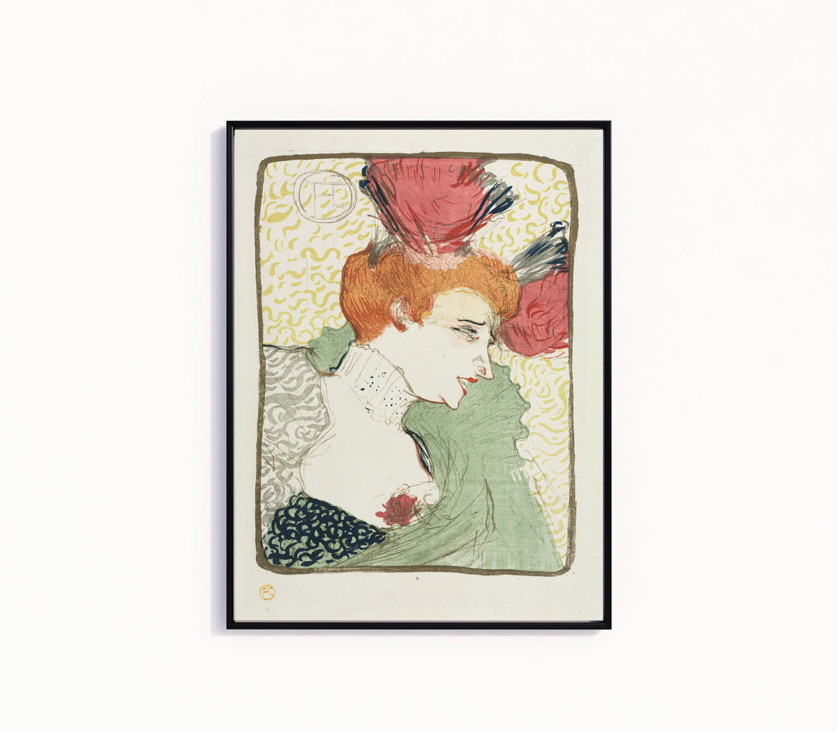 Framed art print of Bust of Mademoiselle Lender by Henri de Toulouse-Lautrec, in a slim black frame on a plain white wall