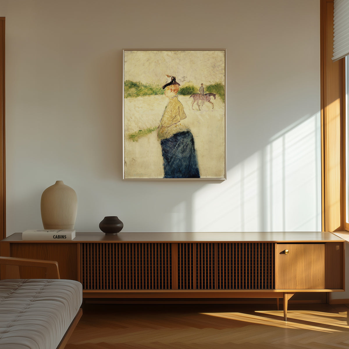Framed art print of Émilie by Henri de Toulouse-Lautrec, in a thin light frame on a sunlit wall above a wooden sideboard