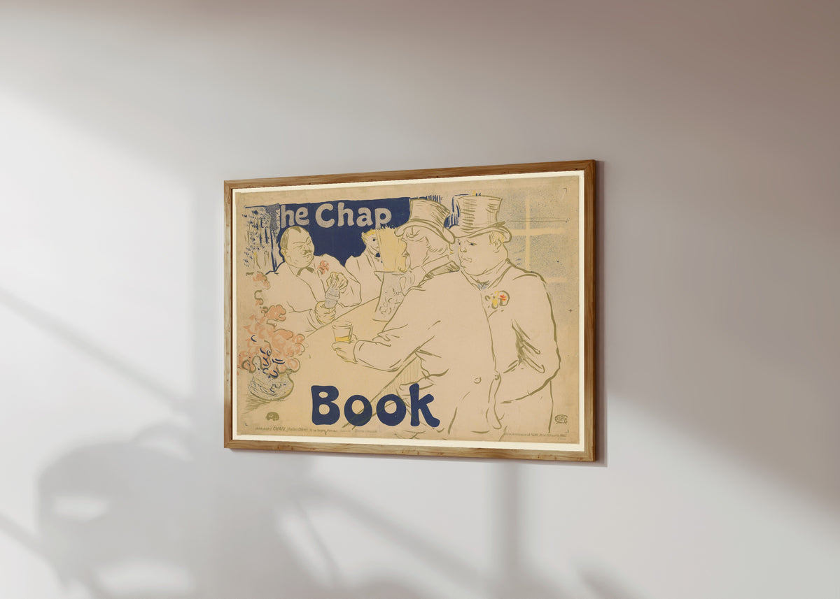Framed art print of Irish and American Bar, Rue Royale: The… by Henri de Toulouse-Lautrec, in a light wood frame on a sunlit white wall, seen at a slight angle