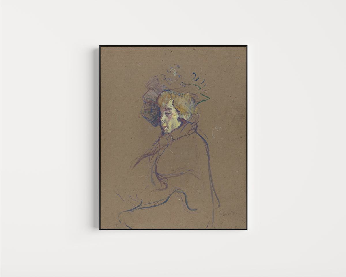 Framed art print of Jane Avril (Profile in a Plumed Hat) by Henri de Toulouse-Lautrec, in a slim black frame on a plain white wall