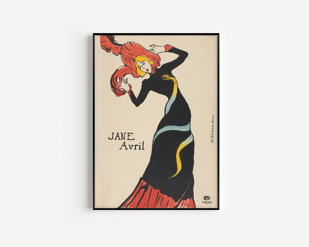 Jane Avril by Henri de Toulouse-Lautrec — in a slim black frame on a plain white wall