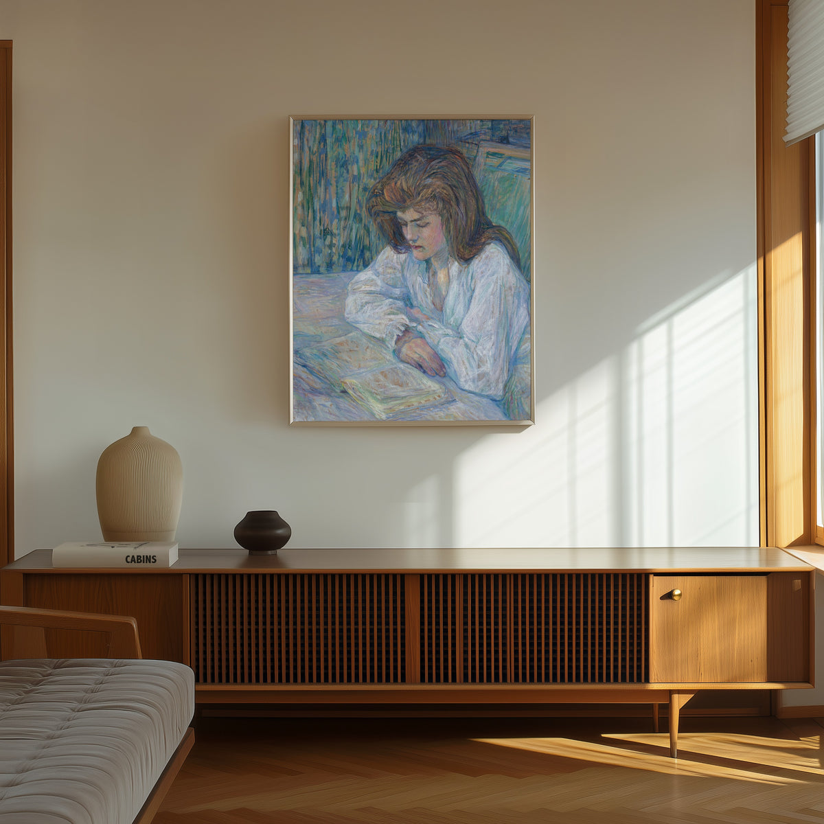 Framed art print of La Liseuse by Henri de Toulouse-Lautrec, in a thin light frame on a sunlit wall above a wooden sideboard