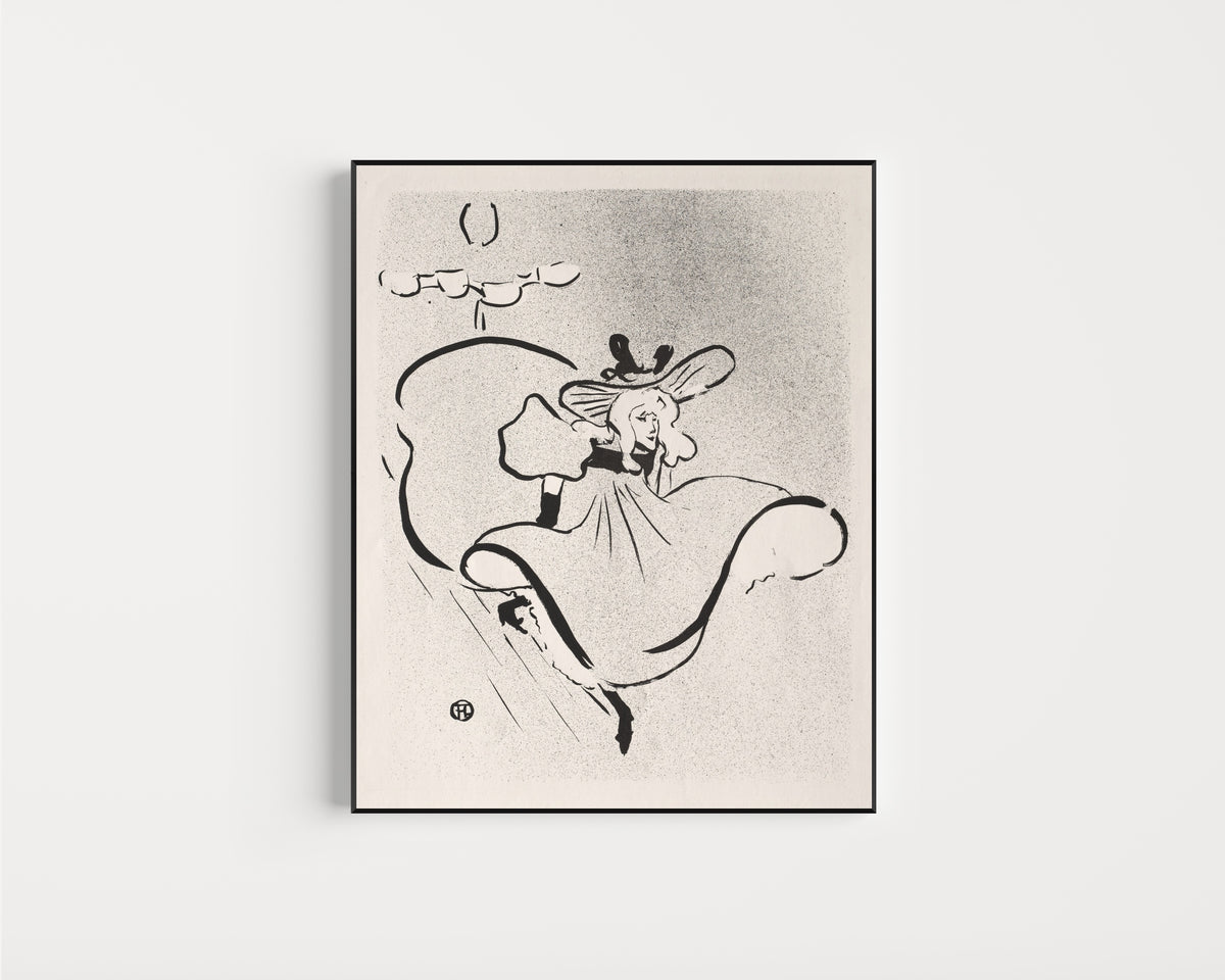 Framed art print of Le Café-Concert: Jane Avril by Henri de Toulouse-Lautrec, in a slim black frame on a plain white wall
