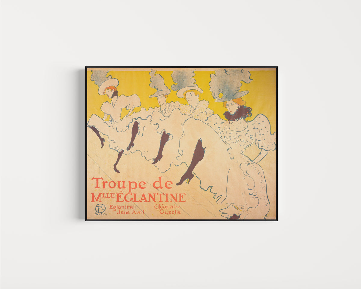 Framed art print of Mademoiselle Eglantine's Troupe by Henri de Toulouse-Lautrec, in a slim black frame on a plain white wall
