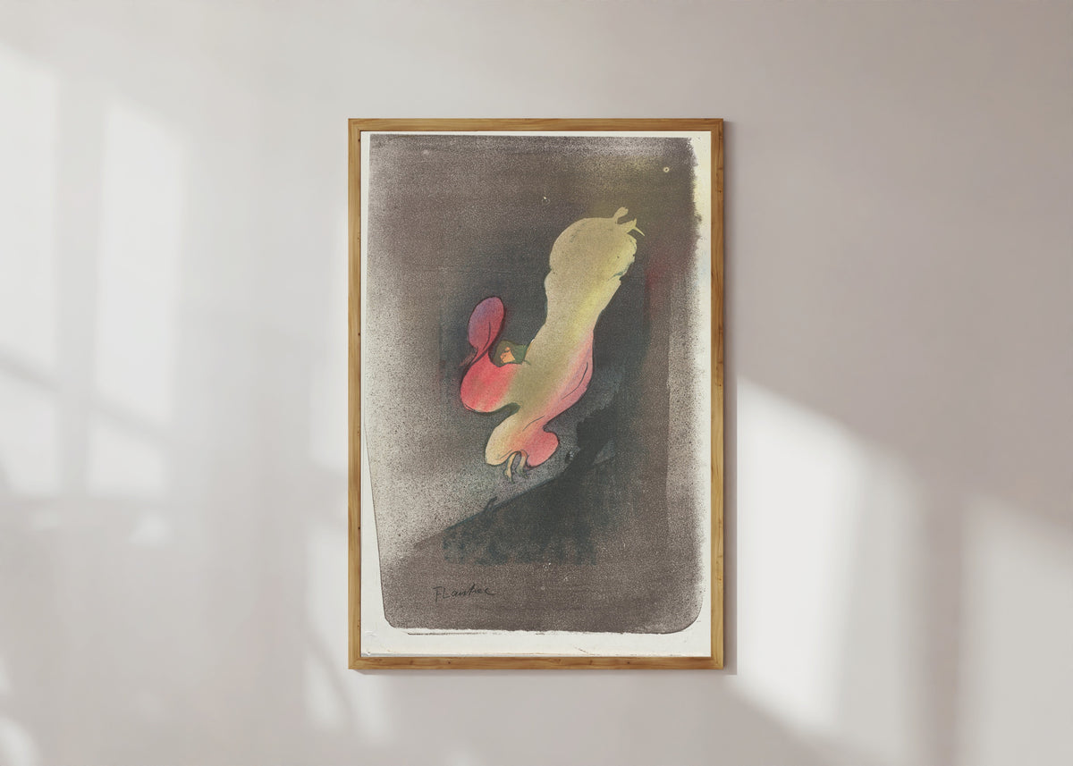 Framed art print of Miss Loïe Fuller by Henri de Toulouse-Lautrec, in a light wood frame on a sunlit white wall