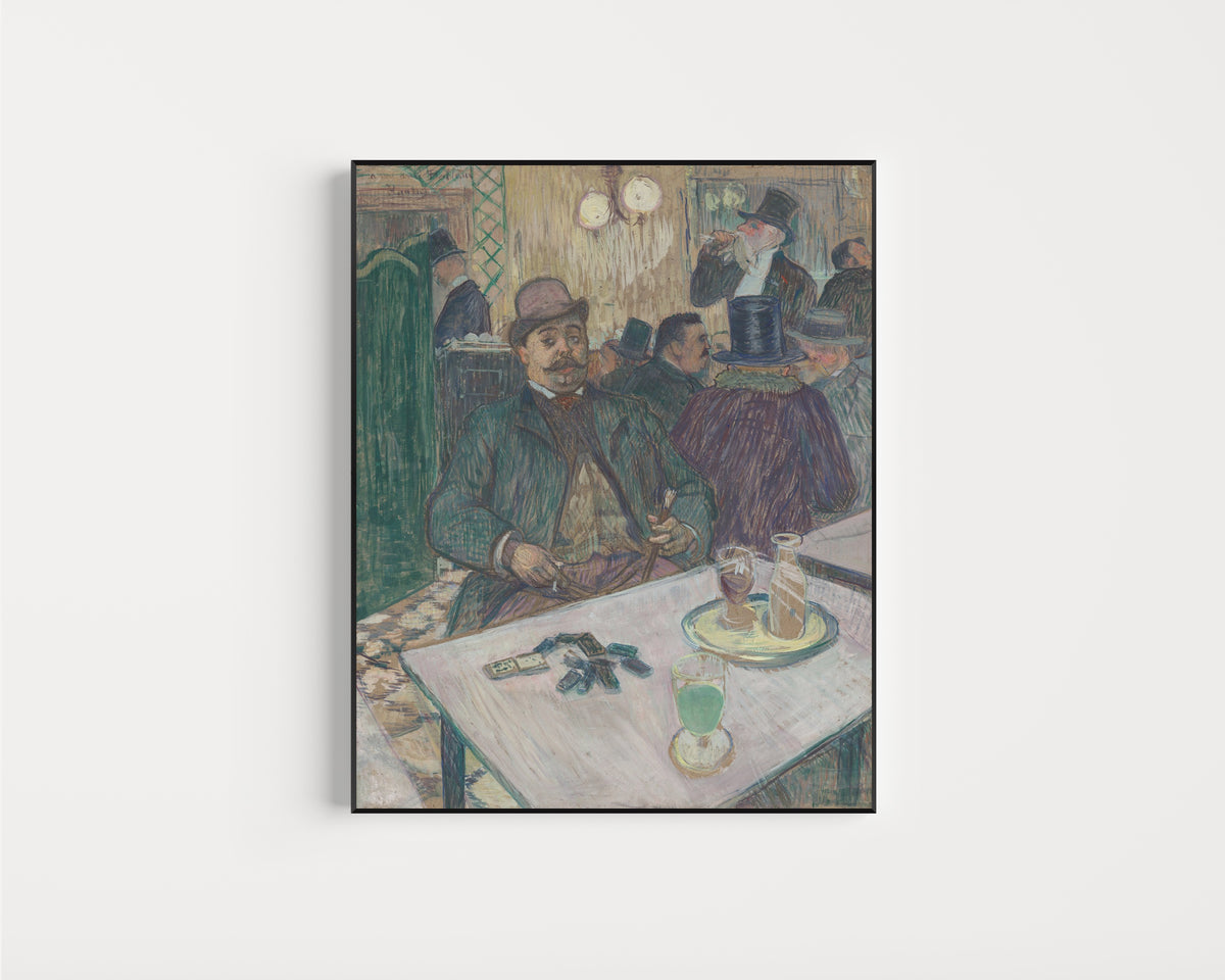 Framed art print of Monsieur Boileau at the Café by Henri de Toulouse-Lautrec, in a slim black frame on a plain white wall