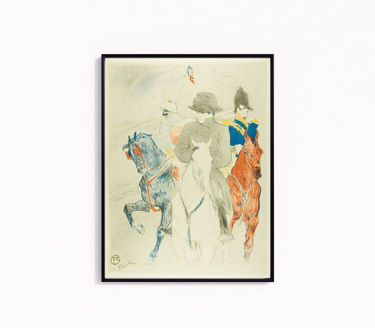 Framed art print of Napoleon by Henri de Toulouse-Lautrec, in a slim black frame on a plain white wall
