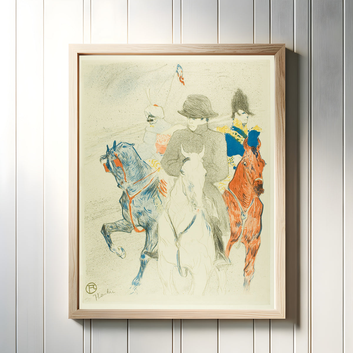 Framed art print of Napoleon by Henri de Toulouse-Lautrec, in a light wood frame on a white panelled wall