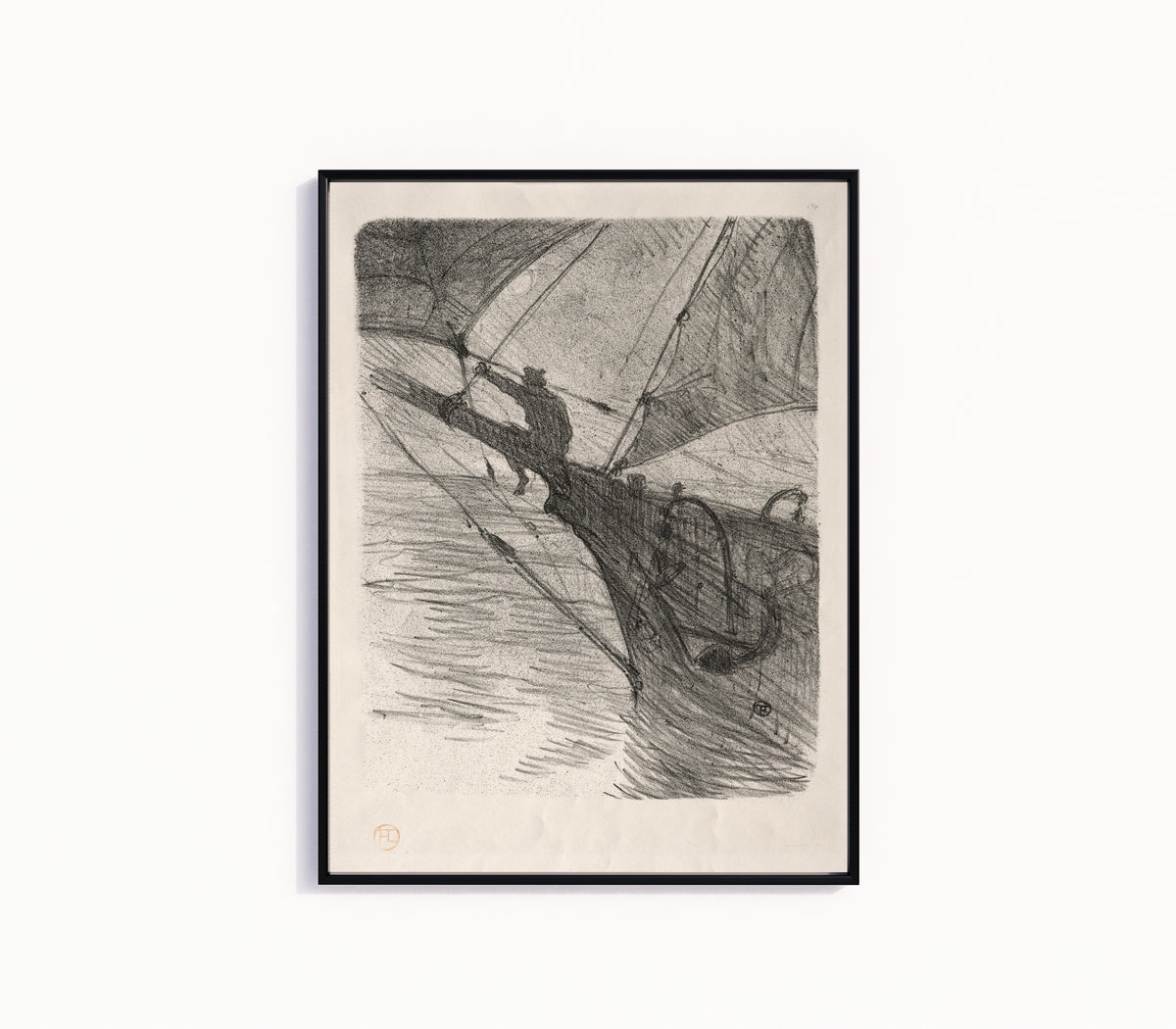 Framed art print of Oceano Nox by Henri de Toulouse-Lautrec, in a slim black frame on a plain white wall