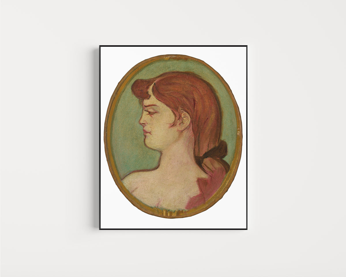 Framed art print of Portrait of a Woman of the House on the Rue d'Amboise by Henri de Toulouse-Lautrec, in a slim black frame on a plain white wall