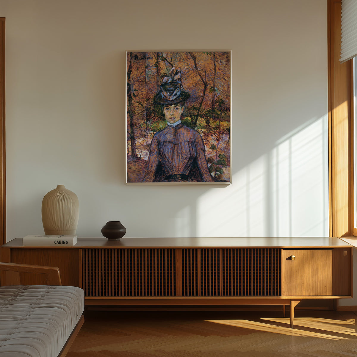Framed art print of Portrait of Suzanne Valadon by Henri de Toulouse-Lautrec, in a thin light frame on a sunlit wall above a wooden sideboard