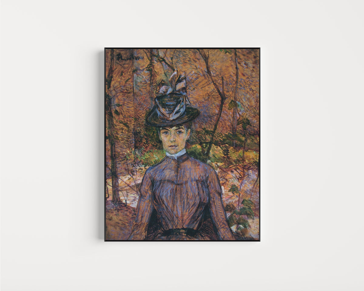 Framed art print of Portrait of Suzanne Valadon by Henri de Toulouse-Lautrec, in a slim black frame on a plain white wall