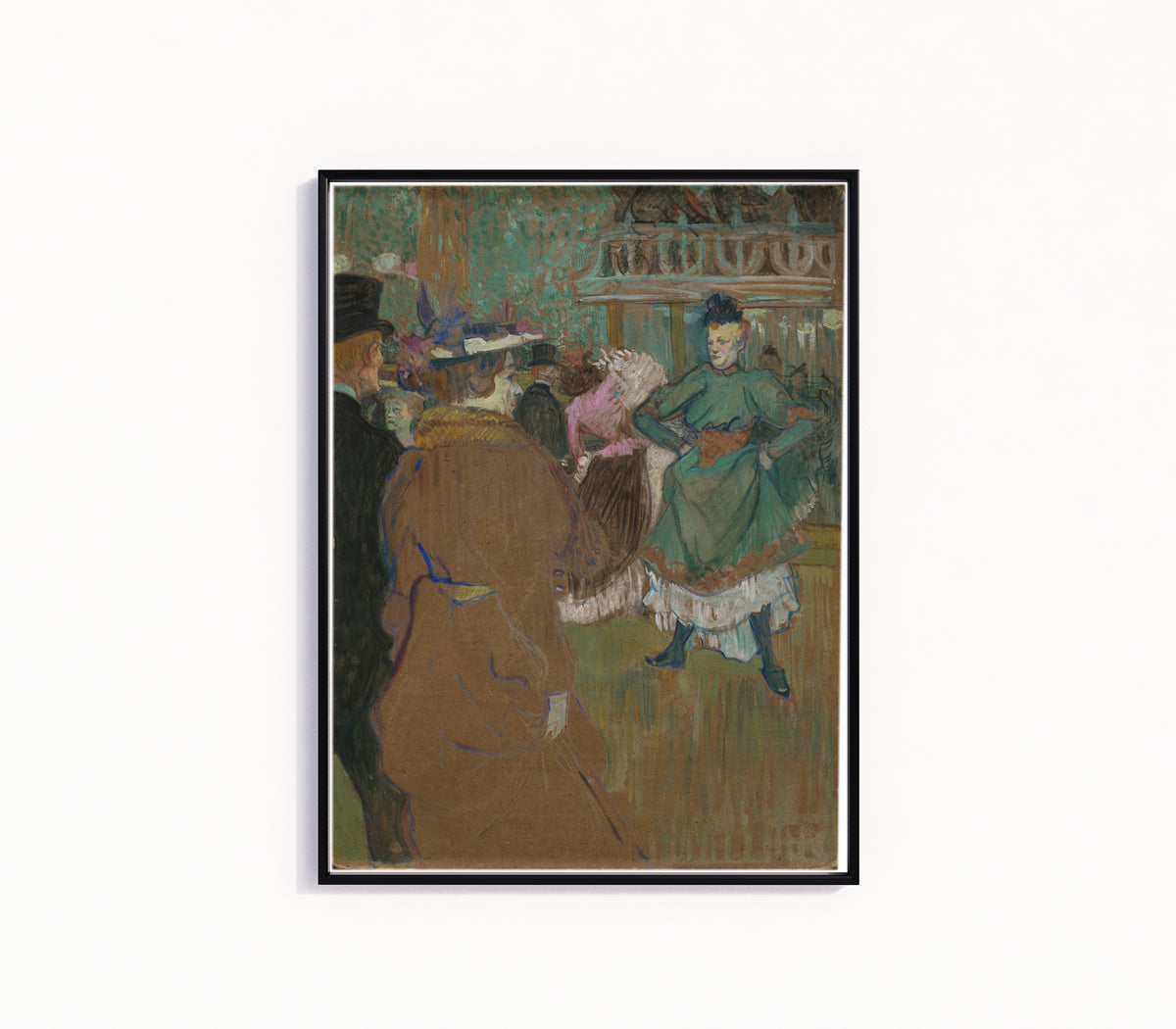 Framed art print of Quadrille at the Moulin Rouge by Henri de Toulouse-Lautrec, in a slim black frame on a plain white wall