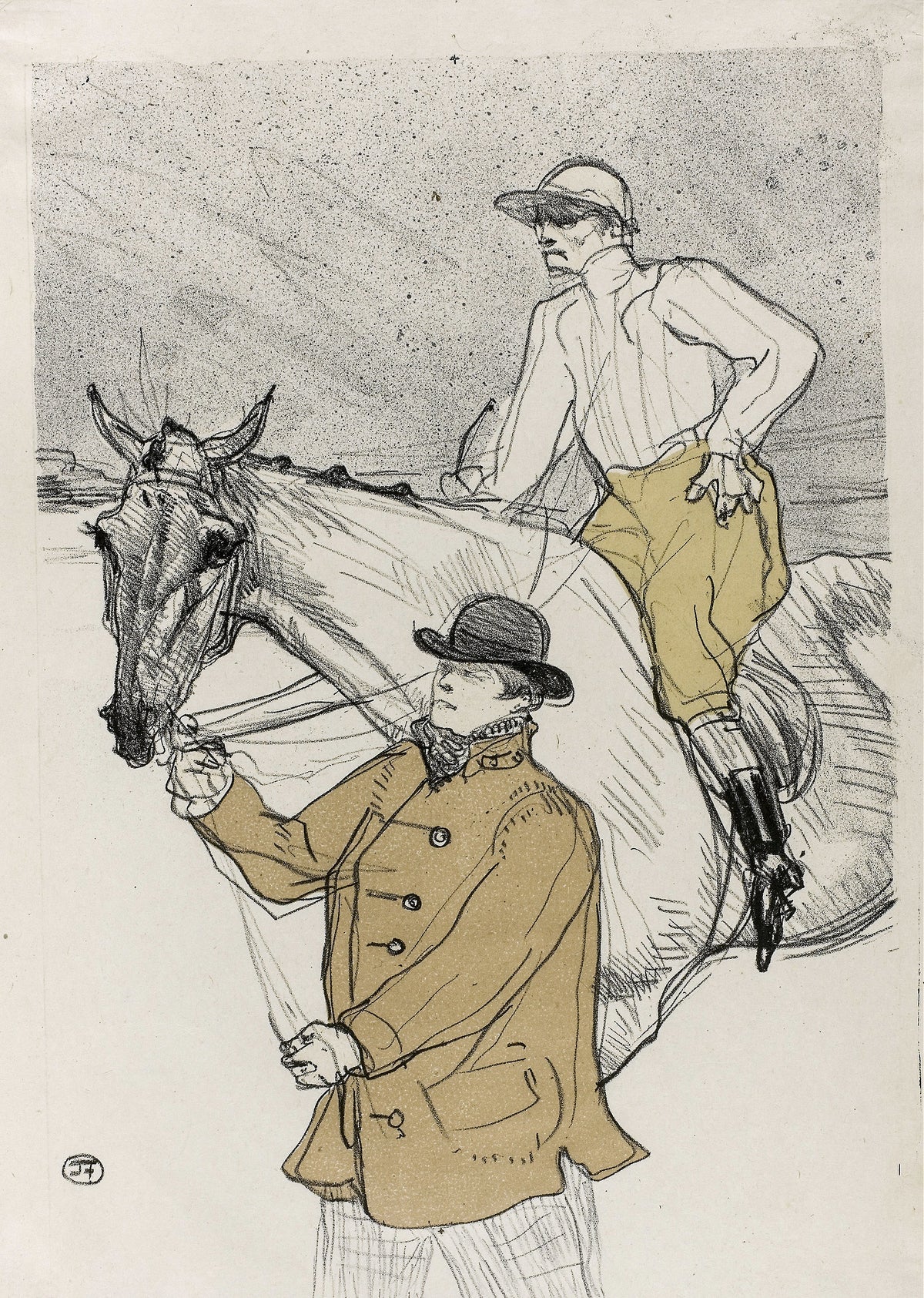 The Jockey Going to the Post by Henri de Toulouse-Lautrec — A jockey sits his horse as a groom in a bowler holds the reins