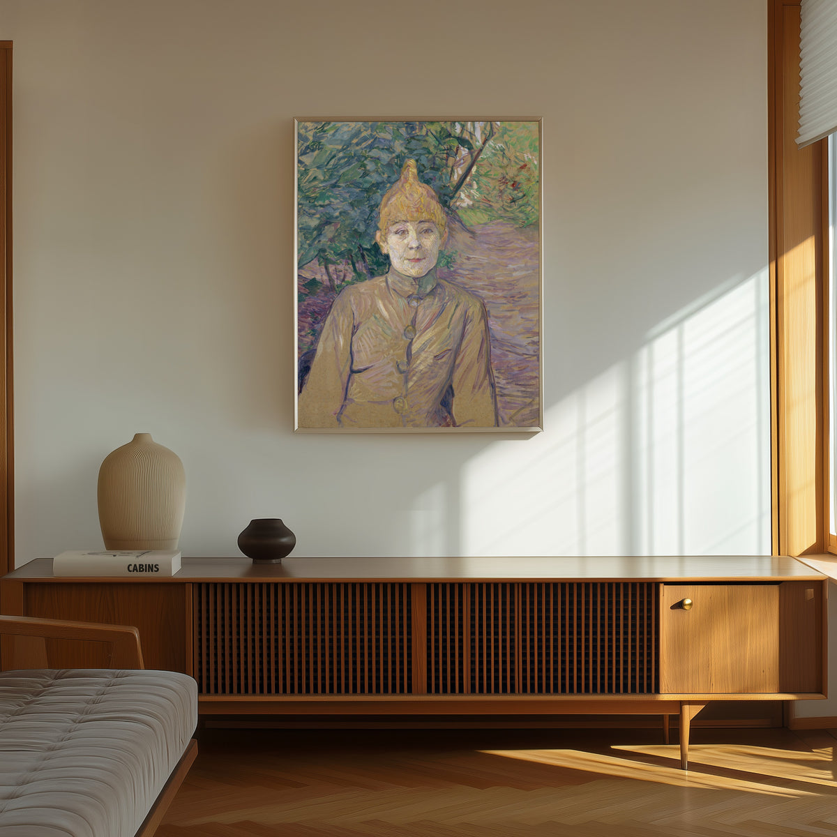 Framed art print of The Streetwalker by Henri de Toulouse-Lautrec, in a thin light frame on a sunlit wall above a wooden sideboard