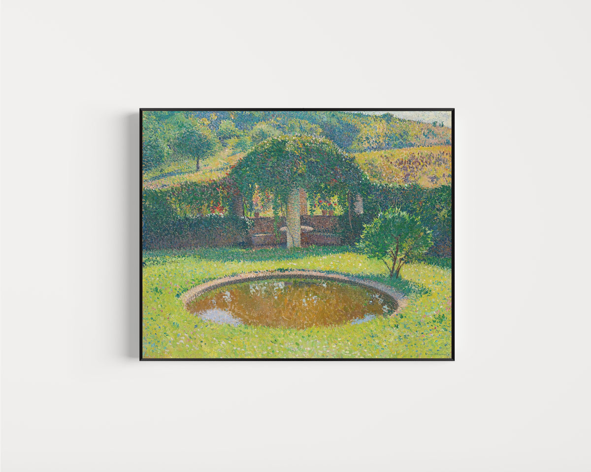 Framed art print of Bassin et tonnelle sud-ouest du parc de Marquayrol by Henri Martin, in a slim black frame on a plain white wall