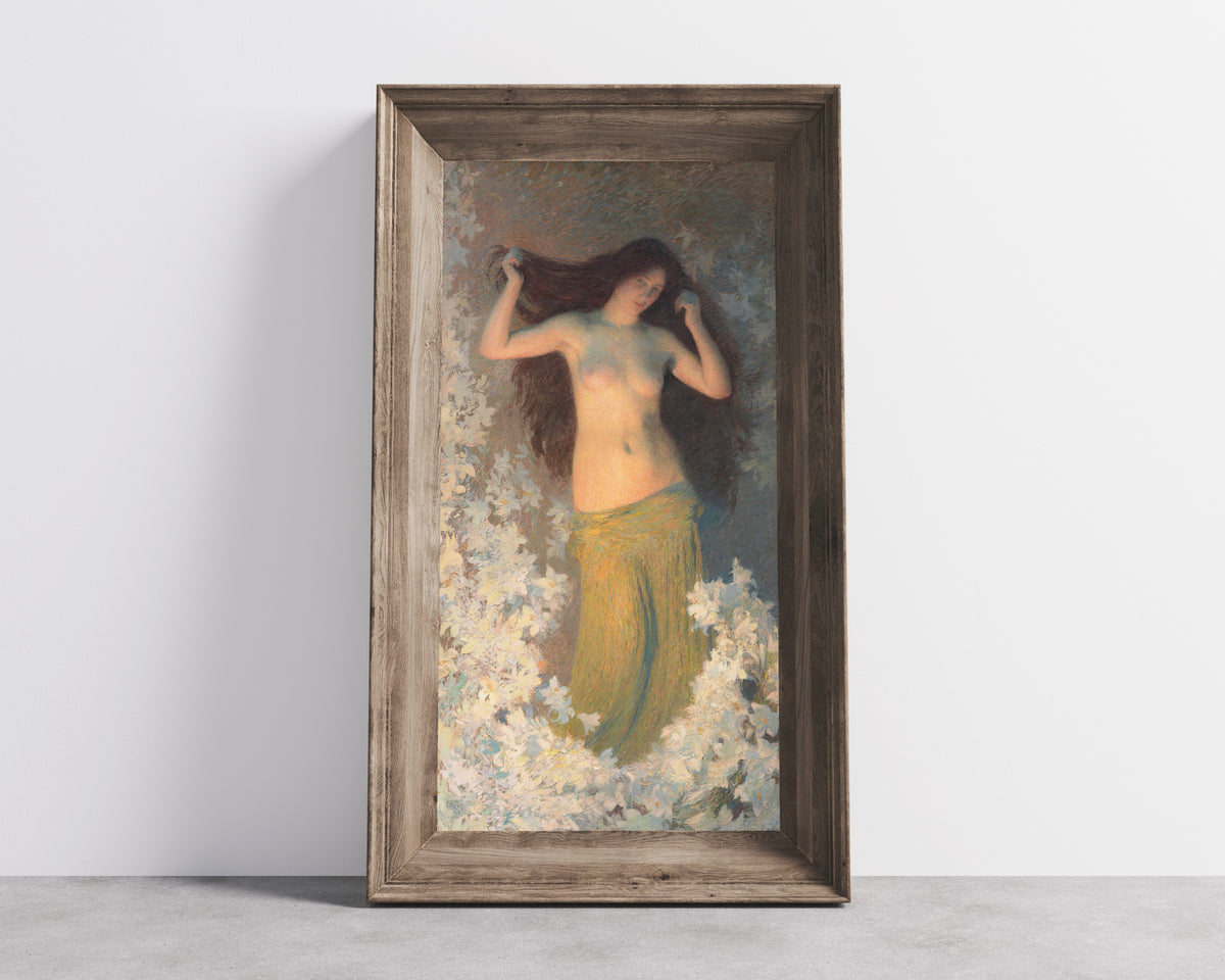 Framed art print of Beauté by Henri Martin, in a wide wooden frame leaning against a concrete wall