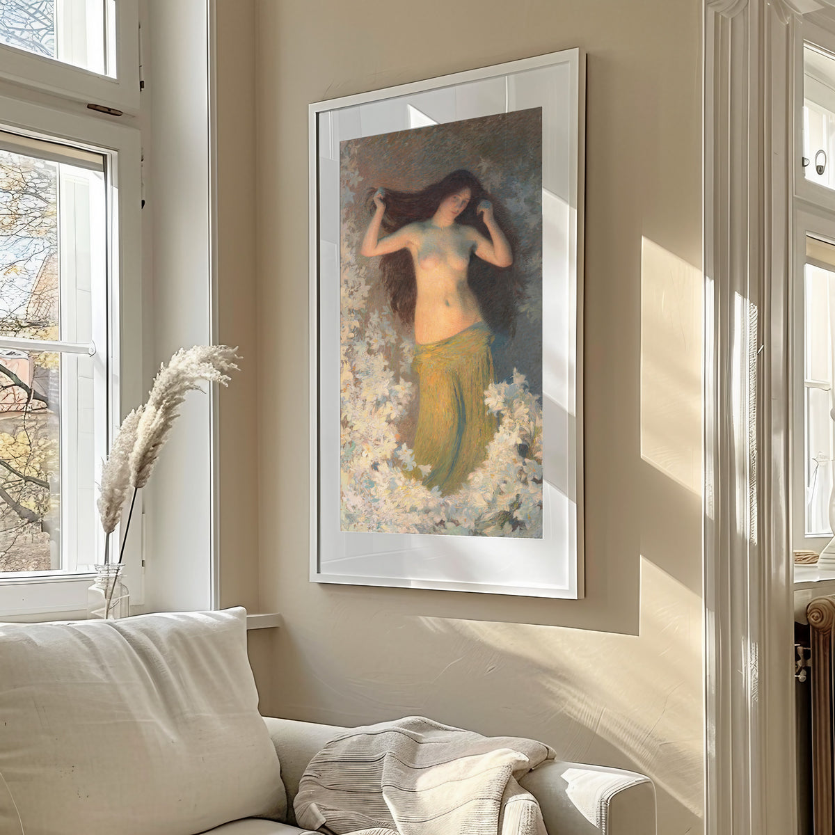 Framed art print of Beauté by Henri Martin, in a sunlit living room above a sofa