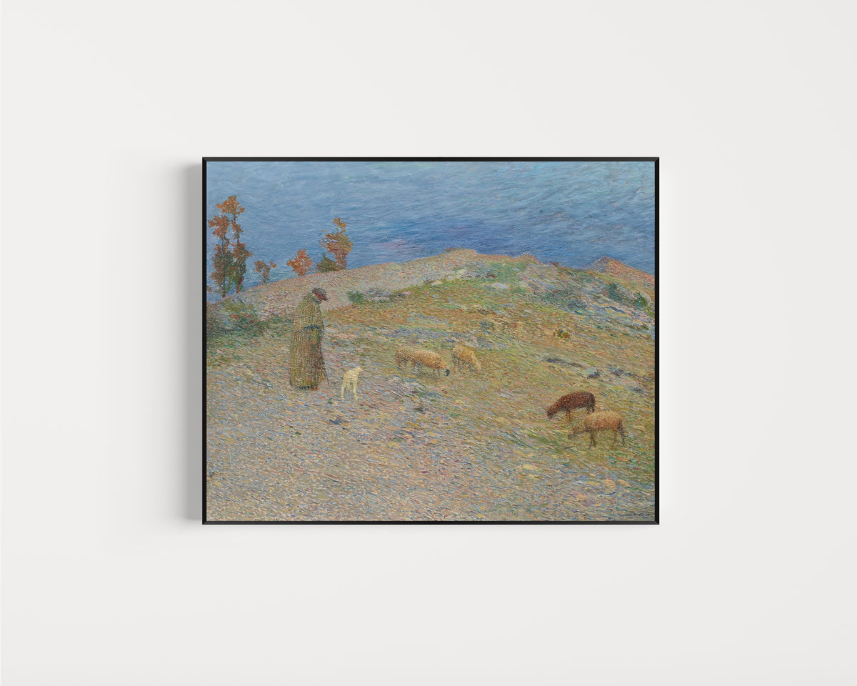 Framed art print of Berger et ses moutons dans les Causses, Lot by Henri Martin, in a slim black frame on a plain white wall