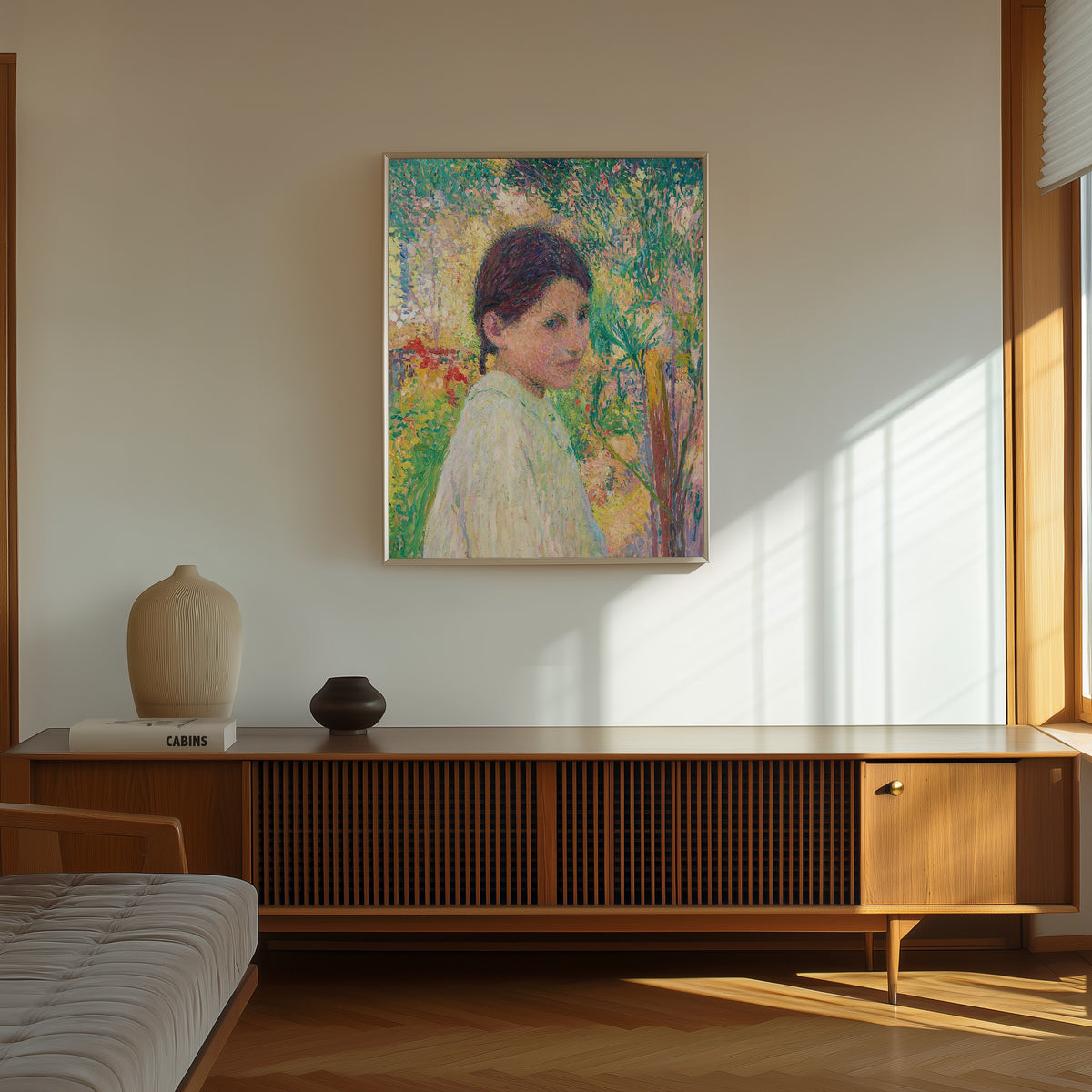 Framed art print of Buste de jeune fille de trois quart sur fond de jardin by Henri Martin, in a thin light frame on a sunlit wall above a wooden sideboard