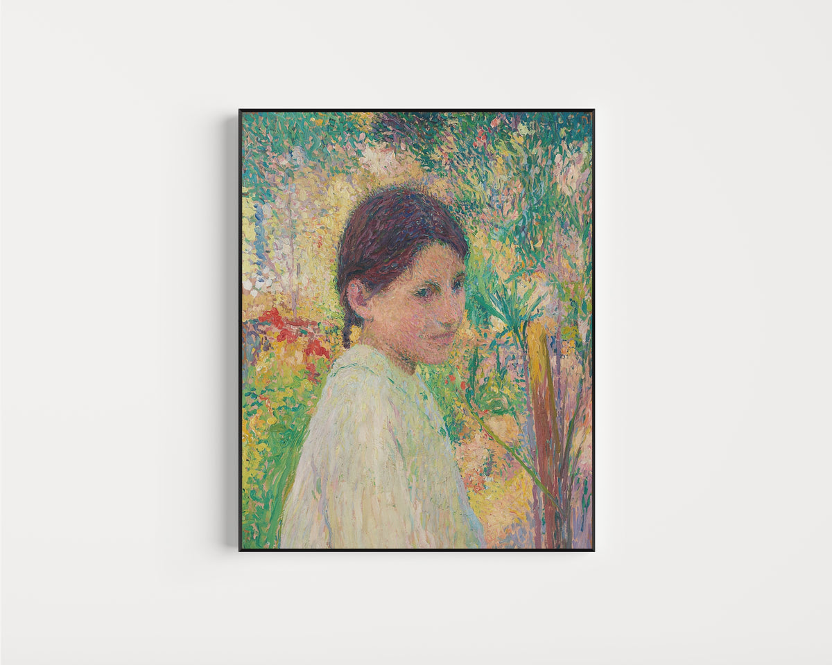 Framed art print of Buste de jeune fille de trois quart sur fond de jardin by Henri Martin, in a slim black frame on a plain white wall