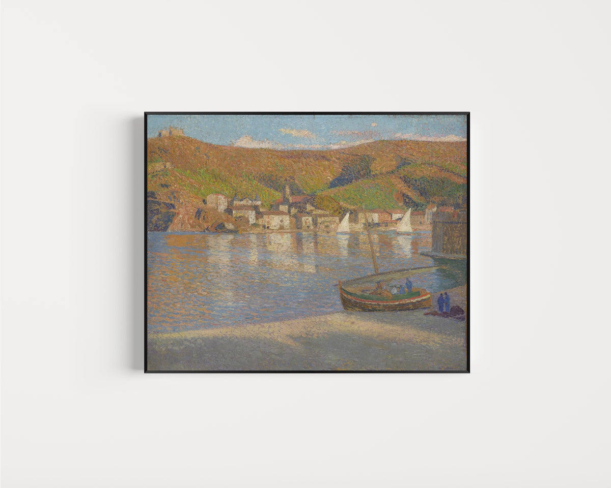 Framed art print of Cinq pêcheurs et leur barque échouée sur la grève à Collioure by Henri Martin, in a slim black frame on a plain white wall