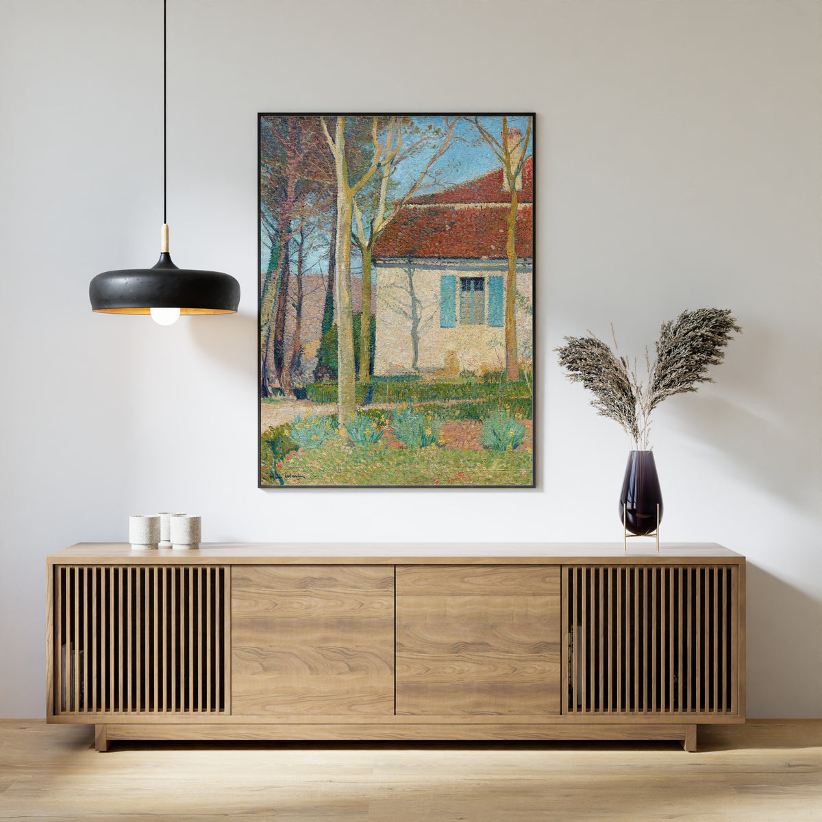 Framed art print of Corner of a House by Henri Martin, above a slatted wood sideboard
