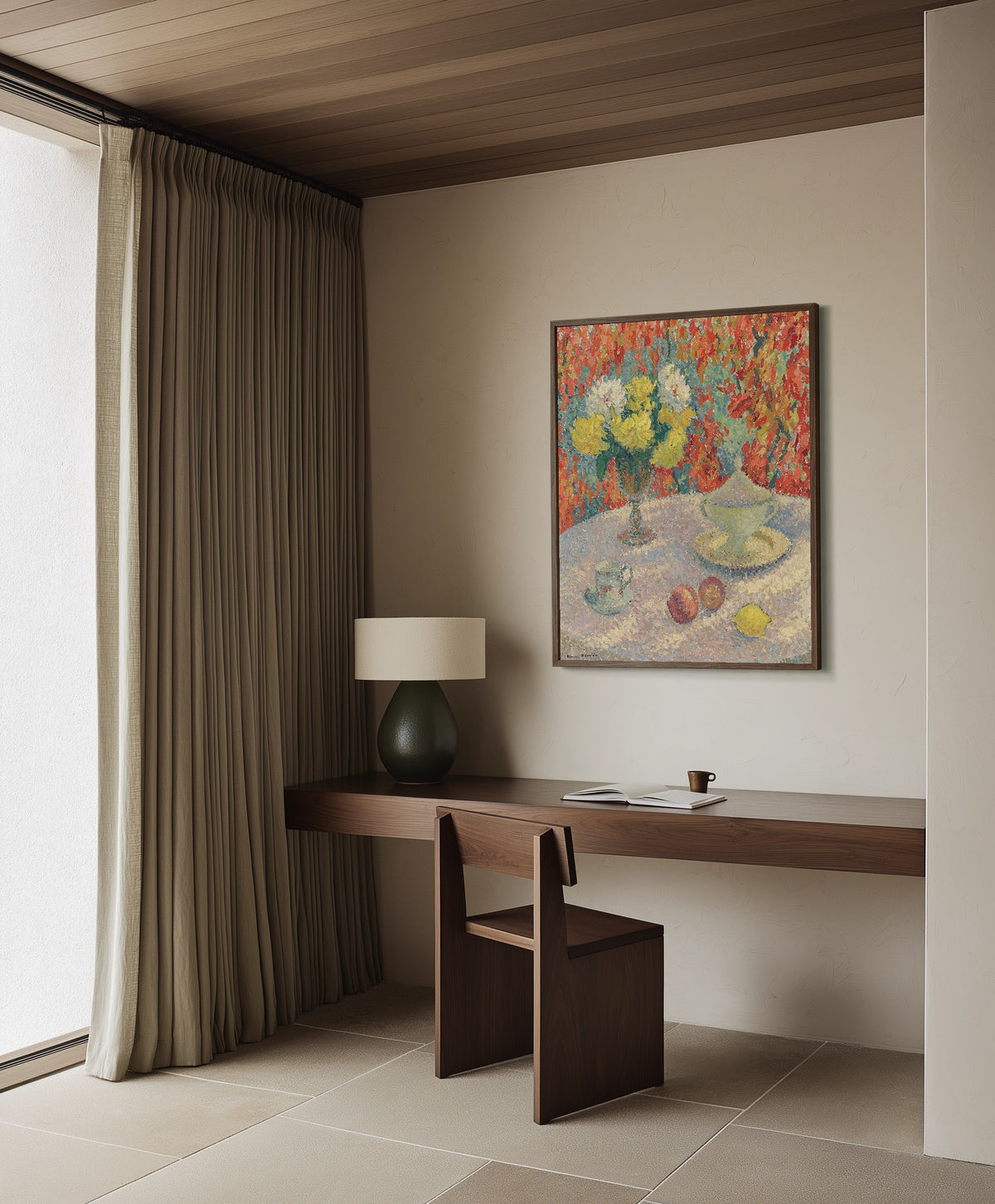 Framed art print of Dahlias au soleil by Henri Martin, in a dark wood frame on a plaster wall above a walnut desk